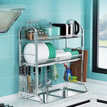 Imagem de Escorredor de louça de 2 níveis sobre a pia, escorredor de pratos de aço inoxidável, com pés antiderrapantes, para balcão de cozinha, organizador de utensílios de cozinha, antiferrugem e economia de