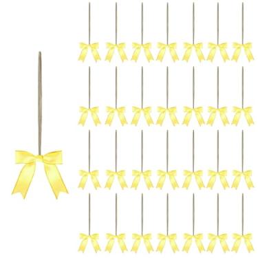 Imagem de Meseey Pacote com 30 laços elásticos dourados de 20 cm com laços pré-amarrados de cetim amarelo | Pulseiras elásticas de embrulho para chás de bebê, casamentos, Natal, decorações de festa (20 cm