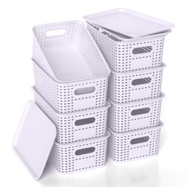Imagem de ZFTMRR Cesta de armazenamento de plástico com tampa, caixas pequenas empilháveis para organizar e recipientes para prateleiras, gavetas, armário de mesa, sala de jogos, despensa, sala de aula