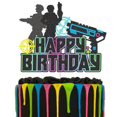 Imagem de Laser Tag Topo de bolo feliz aniversário preto glitter neon jogo de tiro temático para crianças meninos homens artigos de festa de aniversário