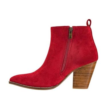 Imagem de Corkys Footwear Hey Girl Bota feminina de salto alto de 8,5 cm, com dois zíperes laterais funcionais e uma palmilha de EVA levemente acolchoada para conforto o dia todo, Camurça sintética vermelha