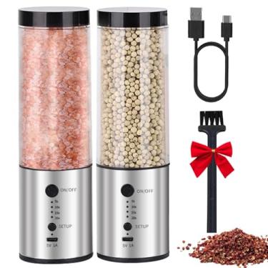 Imagem de Conjunto de moedor elétrico de sal e pimenta de aço inoxidável com enorme funil transparente de 240 ml - USB-C recarregável, temporizador ajustável 5-20s, moedor de cerâmica potente para sal, pimenta