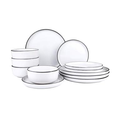 Imagem de Conjunto de louça moderno branco com 12 peças, serviço para 4 micro-ondas e lava-louças, resistente a lascas - para uso diário, presente de feriado