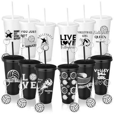 Imagem de Nuogo Skylety 24 peças de lembrancinha de festa noturna de vôlei, 12 copos de plástico de vôlei com tampa e palha, 12 chaveiros de acrílico a granel para fãs de equipe, aniversário, amantes de