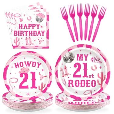 Imagem de 96 peças My 21st Rodeo Decorações de aniversário Nashville Western Cowgirl 21º aniversário pratos e guardanapos Diso Cowgirl decoração lembrancinhas para meninas 21 anos aniversário tema ocidental