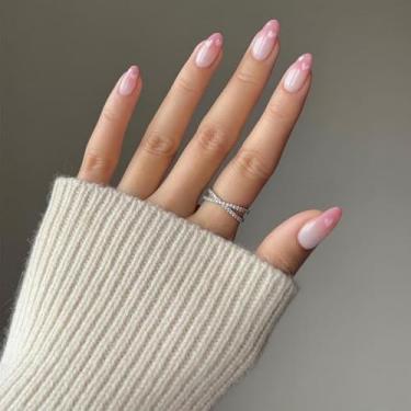 Imagem de Kit de unhas de pressão amêndoa média ombré rosa nude cola falsa conjunto de unhas com design de coração simples cobertura completa bastão falso artificial em unha de acrílico para mulheres casamento