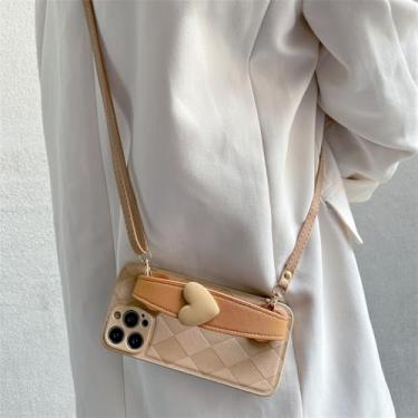 Imagem de Pulseira xadrez cáqui com alça crossbody capa de telefone com corrente para iPhone 15 14 13 12 Pro Max 11 14promax 8Plus 13promax Capa, alça de pulseira, para iPhone 7plus