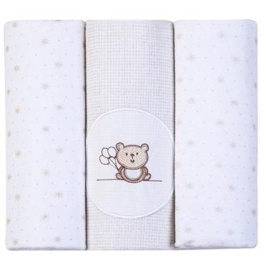 Imagem de Cueiro Manta Flanelada Bordados Infantil Bebê Kit 3 Unidades 80 x 80cm