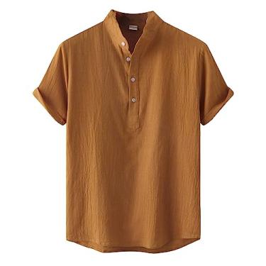 Imagem de Camiseta masculina de algodão e linho, gola alta, casual, lisa, manga curta, camiseta casual de praia, Marrom, XXG