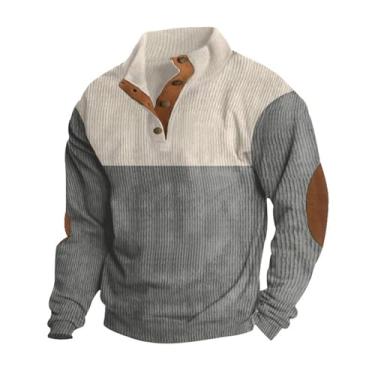 Imagem de Moletons masculinos de veludo com cotovelo remendado, camisa Henley com botão de manga comprida, vintage, gola simulada, polo, top externo, patchwork (Color : Gray apricot color, 32-33, 3435, 36-3