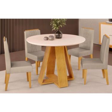 Imagem de Sala De Jantar Completa Celeste Tampo Madeirado C- Vidro Redondo 103x103cm E 4 Cadeiras Lia Cedro-off White - Suede Kraft - Dj Móveis