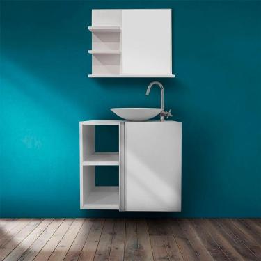 Imagem de Conjunto Gabinete Para Banheiro Branco E Cuba Com Espelho Harpia