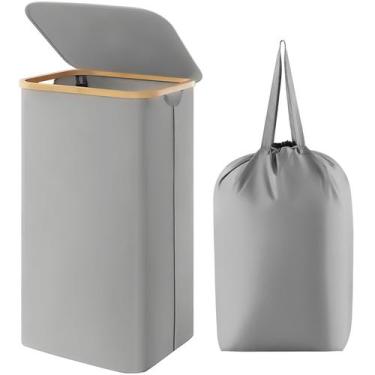 Imagem de Cesto de roupa suja Lifewit 100L com tampa, alças de bambu, cinza prat
