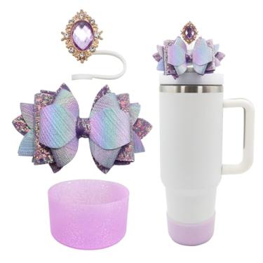 Imagem de Conjunto de 3 peças de acessórios para copo Stanley de 30 e 1,134 g com alça, decoração de canudo de laço fofo e topo de palha de 10 mm, bota de silicone com glitter, acessórios de copo fofos