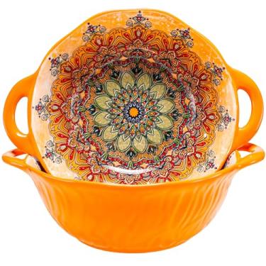 Imagem de Conjunto de 2 tigelas de cerâmica Boho com alças, tigelas grandes de cerâmica, tigelas de salada de porcelana de 1,134 g, pratos grandes para entretenimento, tigelas de mistura para sopa, ensopado
