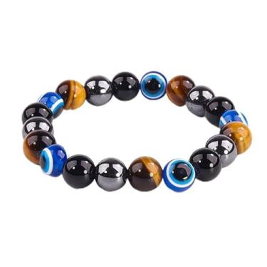 Imagem de Olho de tigre para confiança e proteção – Pulseira de olho turco de 10 mm, joia com contas de obsidiana preta natural e olho de tigre, pulseira elástica de proteção com contas de hematita
