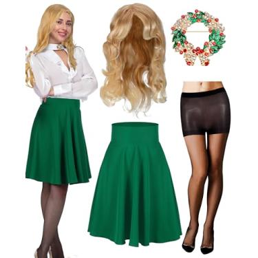 Imagem de Maiteenly 4 peças femininas de Natal, fantasia de filme dos anos 80, peruca loira, broche de Natal, saia verde, meia-calça para o dia das bruxas (GG)