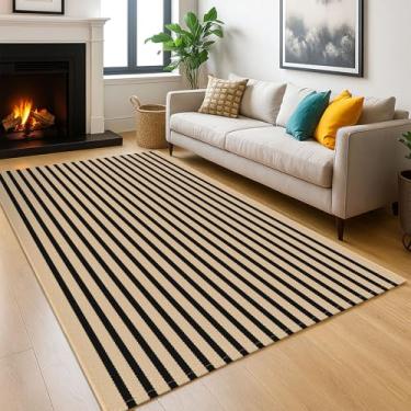 Imagem de KOZYFLY Tapete listrado para área externa de 1,5 x 1,8 m, marrom e preto, lavável, para ambientes internos e externos, de algodão, para pátio, sala de estar, sala de jantar, quarto