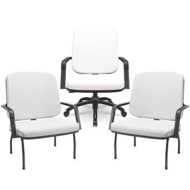 Imagem de Kit Cadeira De Escritório Giratória E 2 Cadeiras Fixas Preta Magno P03 Vinil Branco - Lyam Decor