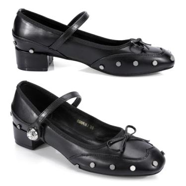 Imagem de Zelaprox Sapato Mary Jane de bico quadrado, tira com fivela de strass, com rebite, bico fechado, grosso, salto baixo, confortável para vestido de trabalho, Preto, 39