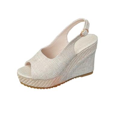 Imagem de Sandália feminina moderna casual primavera verão versátil plus size praia sandália peep toe fivela, Bege, 39
