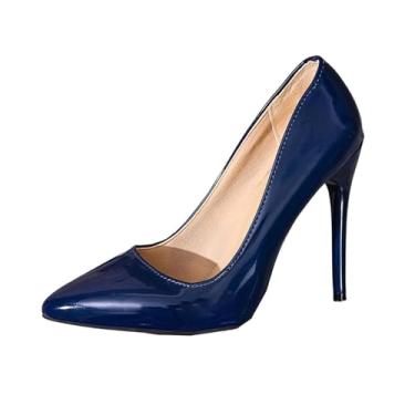 Imagem de Sapatos femininos de salto alto com bico fino e salto fechados, adequados para uso casual e retrô, Azul royal, 34