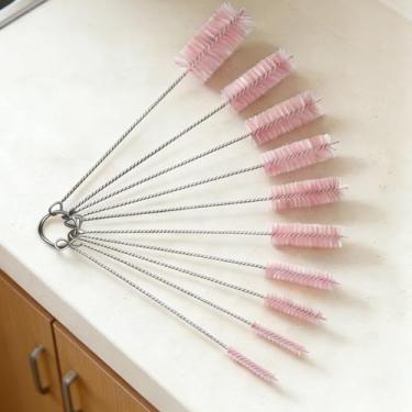Imagem de Conjunto de 10 escovas de limpeza de tubos de aço inoxidável, limpador de tubo estreito flexível para canudos, garrafas, bocais e pequenas lacunas, ferramentas de limpeza doméstica reutilizáveis, rosa