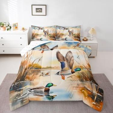 Imagem de Erosebridal Jogo de cama casal com pato de caça, 3 peças, pato selvagem, para crianças, meninas, adolescentes, mulheres, casa de fazenda rústica, com enchimento de lago, animal, pesca, vida selvagem