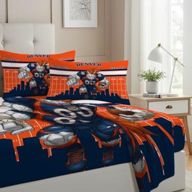 Imagem de Allenjoy Jogo de lençol Denver American Football Orange Intensity com lençol com elástico, lençol de cima e 2 fronhas para decoração de quarto de meninos, adolescentes e homens, tamanho casal