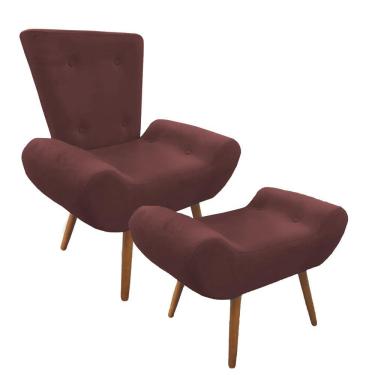 Imagem de Kit Poltrona Decorativa Stefany com Puff Pés Madeira Suede Marsala