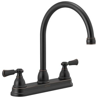 Imagem de Peerless Torneira de cozinha com duas alças Elmhurst P2965LF-OB com suporte de aerador giratório, bronze polido a óleo