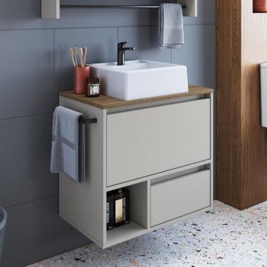 Imagem de Gabinete de Banheiro Suspenso 60cm com 1 Nicho 1 Toalheiro 1 Porta e 1 Gaveta com Cuba Mel/Arenas