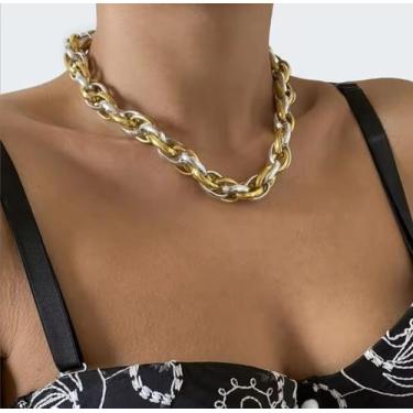 Imagem de Colar Choker Feminino Corrente Elos grande duplo Oval Mix dourado com 
