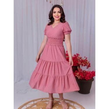 Imagem de Vestidos Midi Elegante Malha Lese Acinturado com Manga - Fashion, Rose