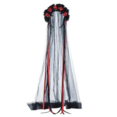 Imagem de Delicate Dew Tiara Dia dos Mortos Flor Dia dos Mortos fantasia Dia dos Muertos Chapéu de Halloween, Véu preto, tamanho �nico