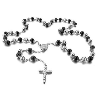 Imagem de Rosário de Medalha Milagrosa Cristã Virgem Maria 6 mm Berloques de Aço Inoxidável Cruz Colar de Corrente Longa Preto Prata, Aço inoxidável