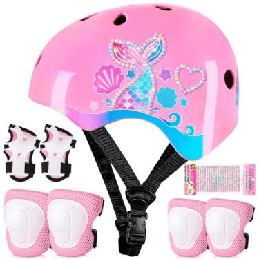Imagem de Conjunto de joelheiras e cotoveleiras de capacete de bicicleta infantil, conjunto de equipamento de proteção ajustável com adesivos DIY para meninas de 3 a 5 a 8 anos
