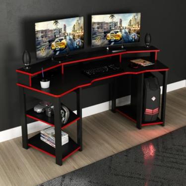 Imagem de Mesa Gamer com 3 Prateleiras Porta Copo 186x89cm ME4167 Preto Vermelho