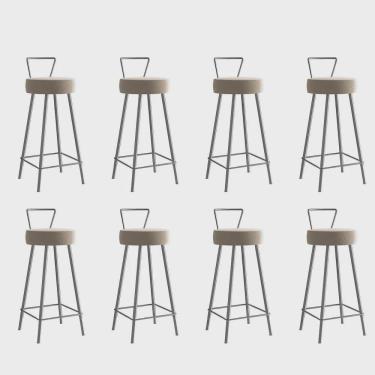 Imagem de Kit 08 Banqueta Alta Com Encosto Tais Eiffel Cozinha Bar Bistrô Ferro Prata Sintético Bege - Ahz Móveis