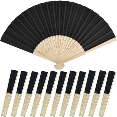 Imagem de Bestage 12 peças de ventilador de mão dobrável para mulheres, ventilador de mão decorativo preto dobrável chinês japonês molduras de bambu leques de seda para casamento, dança, lembrancinhas de festa