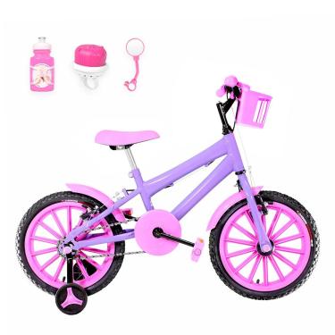 Imagem de Bicicleta Infantil Aro 16 Nylon + Kit Passeio Lilás E Rosa