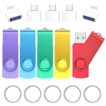 Imagem de Unidades flash USB 3.0 de 32 GB, pacote com 5 com adaptador USB C 3.0 e chaveiros, pen drives giratórios Wooolken pendrive, pen drive USB
