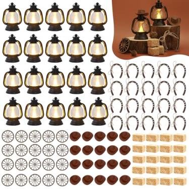 Imagem de PLUVAVA 100 Peças De Decoração Centro Mesa Para Festa Com Tema Fardo Feno, Chapéu Cowboy Mini Fardos Lanterna Preta, Ferradura, Roda Carroça Aniversário Cowgirl, Casamento (100 Peças, Marrom)