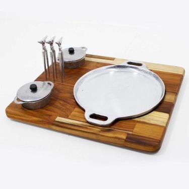 Imagem de Kit Bifeteira Redonda de ALuminio 3 Garfinhos 2 Molheiras e Suporte de
