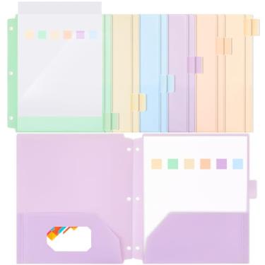 Imagem de Honoson 12 pastas plásticas com bolso frontal transparente, pastas perfuradas Macaron de 3 furos para fichário de 3 anéis, abas cortadas de 1/6 para escritório e sala de aula