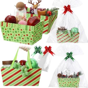 Imagem de Moinchore 12 peças de cesta de Natal vazia 24 x 15 cm, bandeja vermelha e verde, cesta de papelão com laços, sacos de celofane, azulejos torcidos, vazia para encher para festa de aniversário de Natal