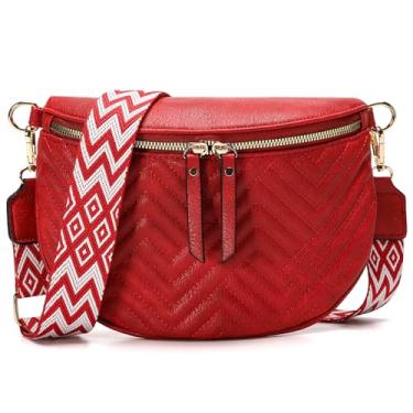 Imagem de Bolsa tiracolo feminina de couro vegano, pochete com cinto ajustável, bolsa de ombro estilo boho para viagens, uso diário, Vermelho, Medium, Boho