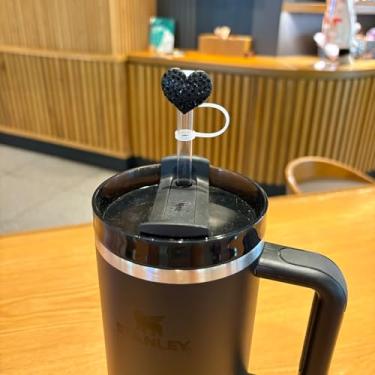 Imagem de Tampa de palha de coração de diamante preto, topo de palha brilhante de 10 mm para copo Stanley 30/1,134 g, acessórios Stanley de silicone reutilizáveis