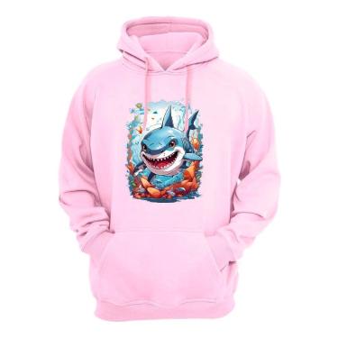 Imagem de Blusa de Moletom Com Capuz Bolso Canguru Flanelada Quente Inverno Estampa Tubarão