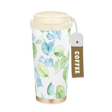 Imagem de SEHANY Caneca de viagem Green Leaves de 482 ml Copos de café reutilizáveis revestidos de cerâmica com tampa à prova de vazamento, parede dupla, isolamento a vácuo, copo de café de aço inoxidável para